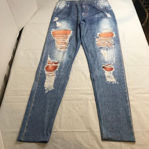 COPY - WOMENS FAUX DENIM HIGH WAIST LEGGINS SIZE L 8/10 NEW - Picture 3 of 7